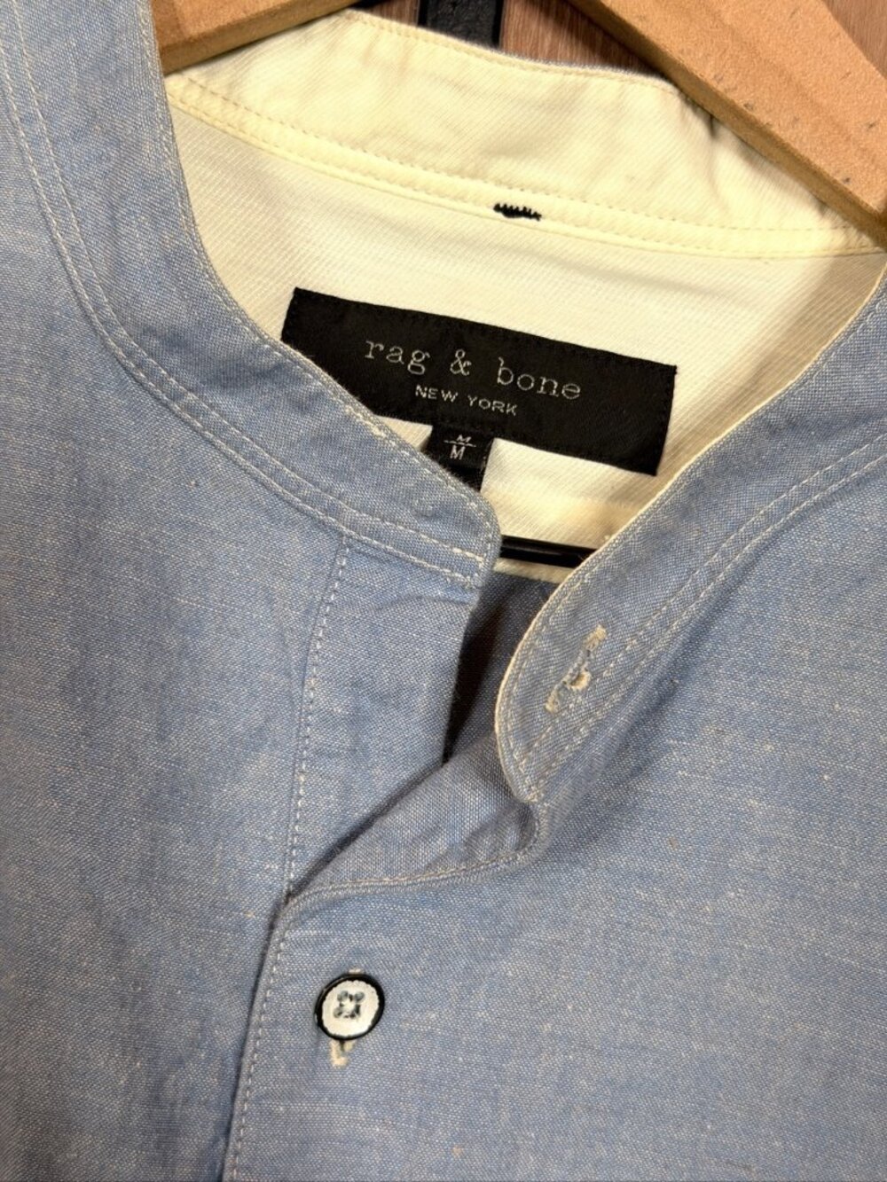 Rag & Bone Shirt Medium Womens Blue Collarless Linen Cotton Long Sleeve Henley - Picture 4 of 6